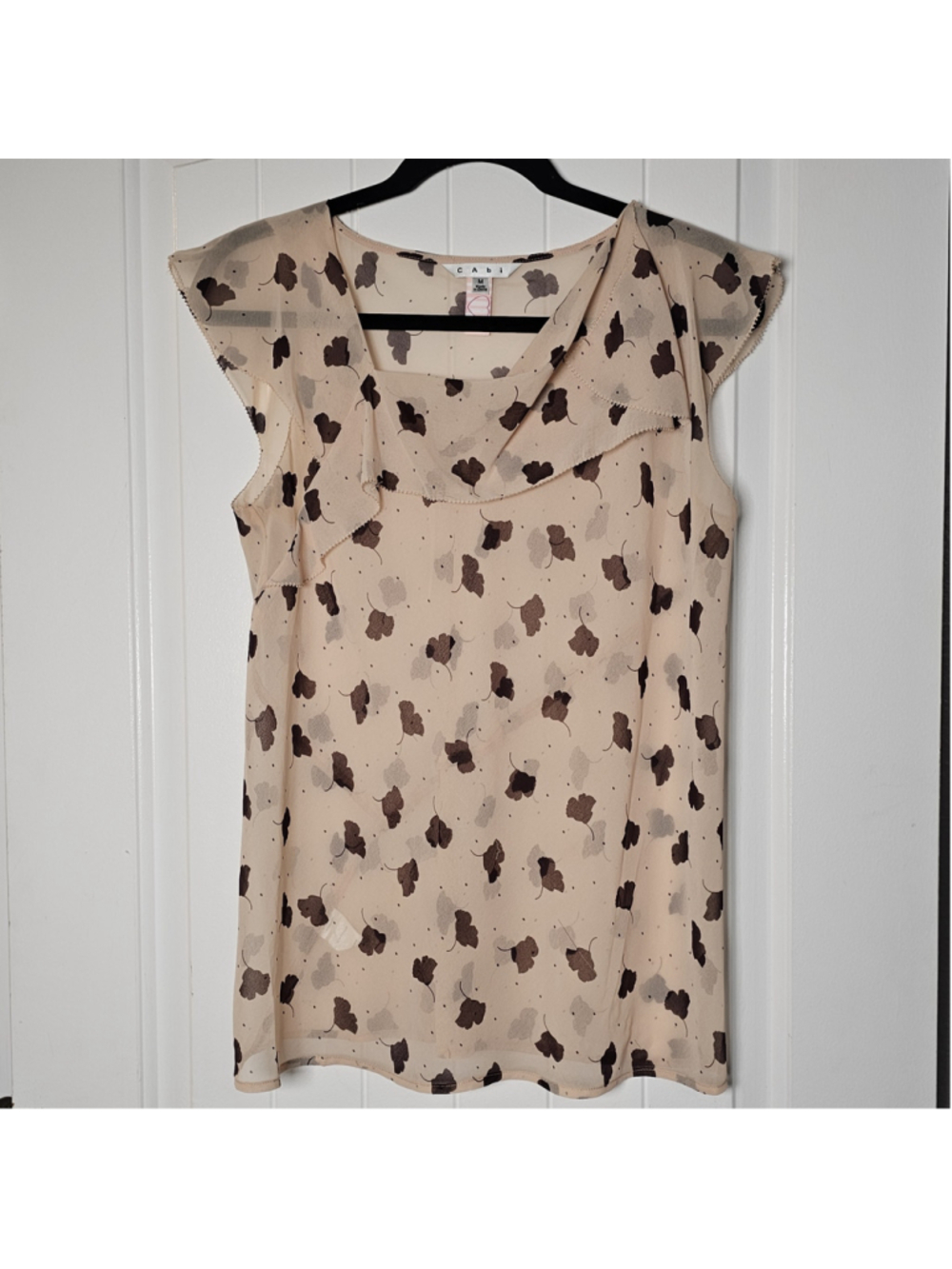 CAbi med tan/brown floral pattern sheer tank top blouse